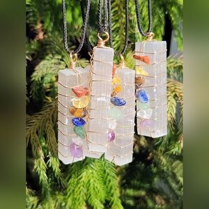 🌈 Selenite Chakra Pendant Necklace | Wire Wrapped Healing Crystals | Black Rope